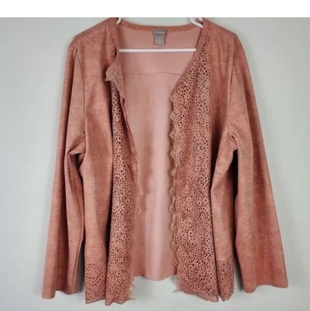 Chico's Faux Suede Jacket Womens Size 16/18 Lightweight Mauve Pink Lazer Eyelet